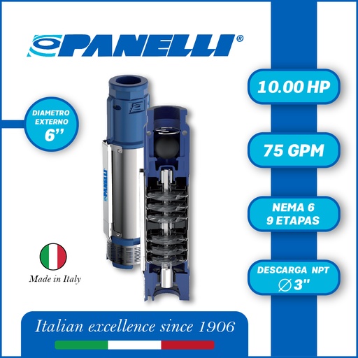 [5505PAN-140PR12N/9] CUERPO SUMERGIBLE PANELLI  6" SERIE  PR MOD. 140PR07509  75GPM  10,00HP  09ET 3"NPT NEMA6