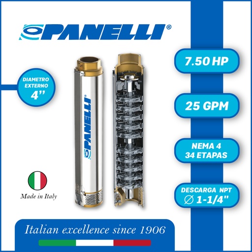 [5505PAN-095PR4N/34] CUERPO SUMERGIBLE PANELLI  4"  SERIE PR MOD.  95PR2534   25GPM   7,50HP 34ET 1-1/4"NPT NEMA4