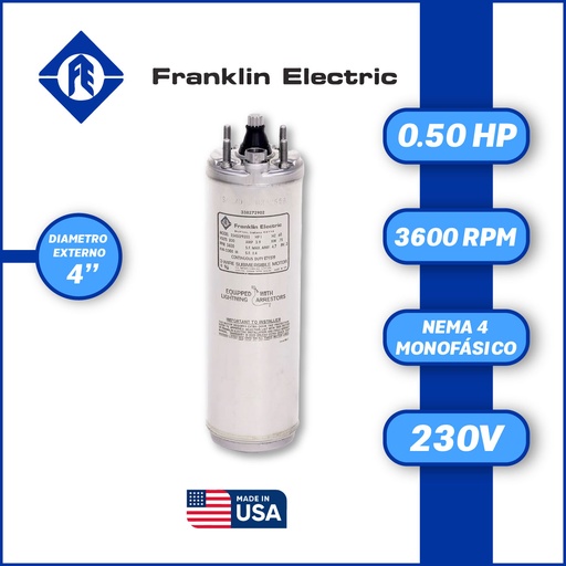 [7505FRA-5FES3440000050A-AS10] MOTOR SUMERGIBLE MF FRANKLIN  4" SERIE WWELL SS MOD. 2145059004GS   0,50HP 1PH/230V/60HZ/2P 3600RPM 3W DOL NEMA4 WF-C