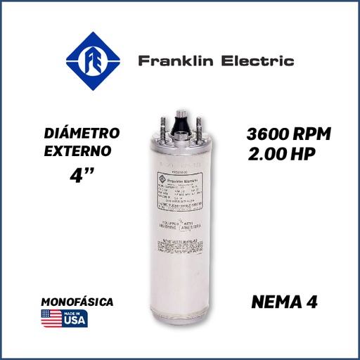 [7505FRA-5FEH3440000200E-AS10] MOTOR SUMERGIBLE MF FRANKLIN  4" SERIE WWELL SS MOD. 2243019204GS   2,00HP 1PH/230V/60HZ/2P 3600RPM 3W DOL NEMA4 WF-C                               
