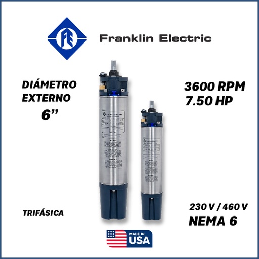 [7515FRA-5FEF4660000752F-SF21] MOTOR SUMERGIBLE TF FRANKLIN  6" SERIE VOLT-X SF MOD. 2363118120     7,50HP 3PH/230-460V/60HZ/2P 3600RPM 3W DOL NEMA6 WF-C