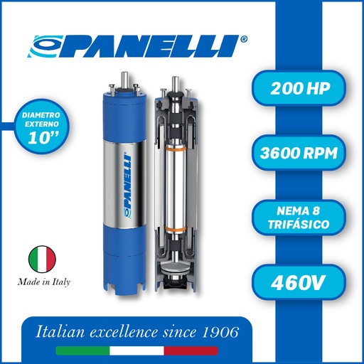 [7535PAN-PAR102000460E0-SF01] MOTOR SUMERGIBLE TF PANELLI 10" SERIE P1000 MOD. 200,00HP 3PH/460V/60HZ/2P 3600RPM 6W Y-D NEMA8 WF-R