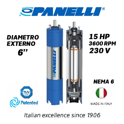 [7515PAN-PAR060150230D0-SF01] MOTOR SUMERGIBLE TF PANELLI  6" SERIE P0600 MOD.  15,00HP 3PH/230V/60HZ/2P 3600RPM 3W DOL NEMA6 WF-R