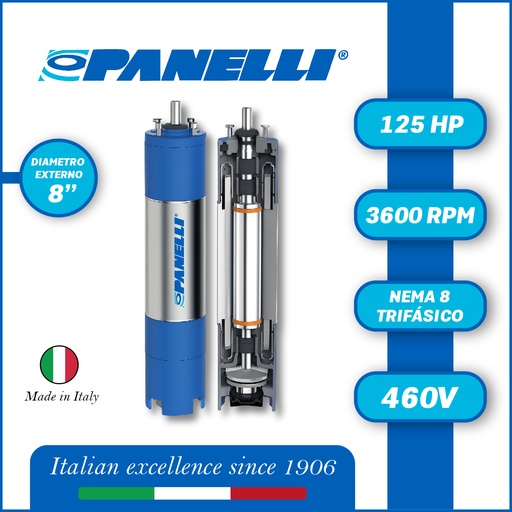 [7525PAN-PAR081250460E0-SF01] MOTOR SUMERGIBLE TF PANELLI  8" SERIE P0800 MOD. 125,00HP 3PH/460V/60HZ/2P 3600RPM 6W Y-D NEMA8 WF-R