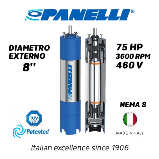 [7525PAN-PAR080750460E0-SF01] MOTOR SUMERGIBLE TF PANELLI  8" SERIE P0800 MOD.  75,00HP 3PH/460V/60HZ/2P 3600RPM 6W Y-D NEMA8 WF-R