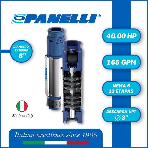 [5515PAN-140PR16512] CUERPO SUMERGIBLE PANELLI  6" SERIE  PR MOD. 140PR16512 165GPM  40,00HP  12ET 3"NPT NEMA6