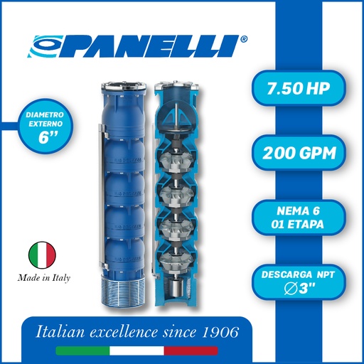 [5515PAN-140REC20001] CUERPO SUMERGIBLE PANELLI  6" SERIE REC MOD 140REC20001 200GPM   7,50HP  01ET 3"NPT NEMA6