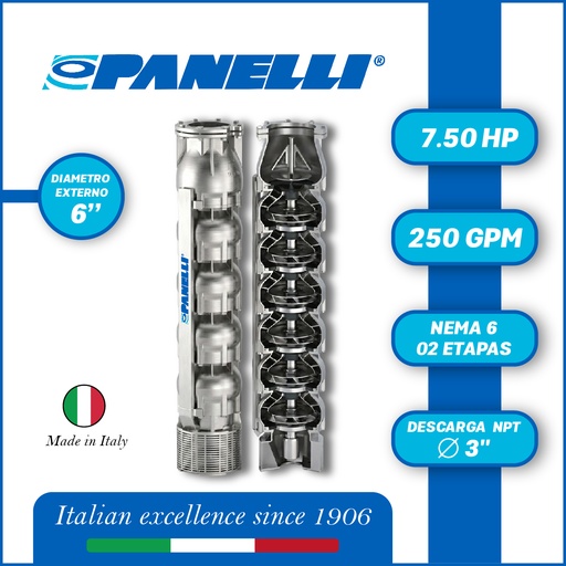 [5515PAN-140SX25002] CUERPO SUMERGIBLE PANELLI  6" SERIE  SX MOD. 140SX25002  250GPM   7,50HP 02ET 3"NPT NEMA6
