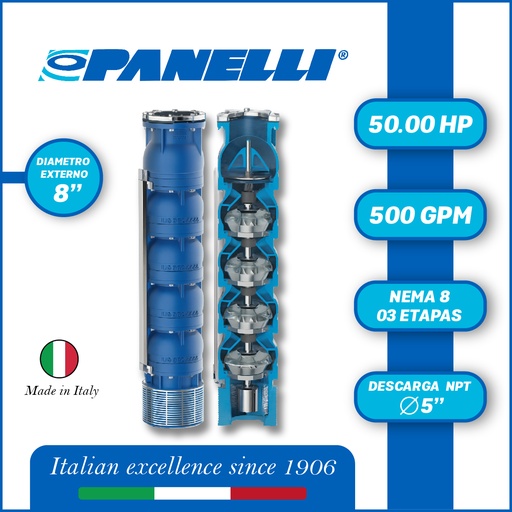 [5525PAN-180REC50003] CUERPO SUMERGIBLE PANELLI  8" SERIE REC MOD. 180REC50003 500GPM  50,00HP  03ET 5"NPT NEMA8