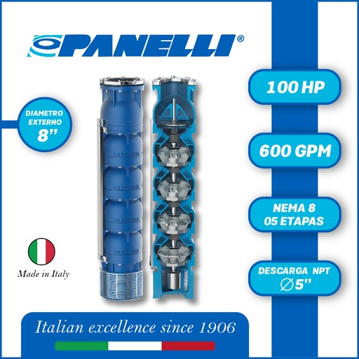 [5525PAN-180REC60005] CUERPO SUMERGIBLE PANELLI  8" SERIE REC MOD. 180REC60005  600GPM 100,00HP  05ET 5"NPT NEMA8