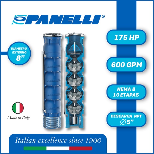 [5525PAN-180REC60010] CUERPO SUMERGIBLE PANELLI  8" SERIE REC MOD. 180REC60010 600GPM 175,00HP  10ET 5"NPT NEMA8