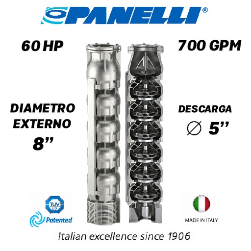 [5525PAN-180SX70003] CUERPO SUMERGIBLE PANELLI  8" SERIE  SX MOD. 180SX70003 700GPM  60,00HP  03ET 5"NPT NEMA8