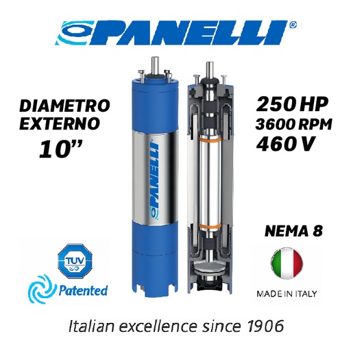 [7535PAN-PAR102500460E0-SF01] MOTOR SUMERGIBLE TF PANELLI 10" SERIE P1000 MOD. 250,00HP 3PH/460V/60HZ/2P 3600RPM 6W Y-D NEMA8 WF-R