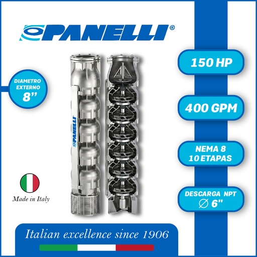 [5525PAN-180SX40010NX0-AS01] CUERPO SUMERGIBLE PANELLI  8" SERIE  SX MOD. 180SX40010 400GPM 150,00HP  10ET 6"NPT NEMA8