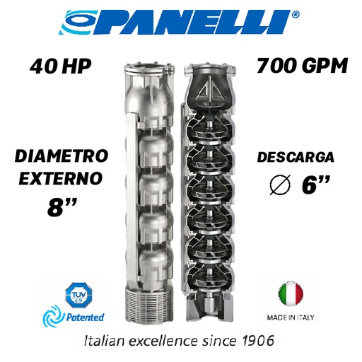 [5525PAN-180SX70002NX0-AS01] CUERPO SUMERGIBLE PANELLI  8" SERIE  SX MOD. 180SX70002 700GPM  40,00HP  02ET 6"NPT NEMA8 