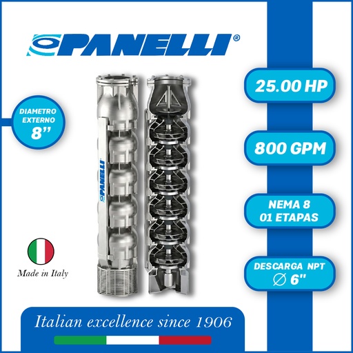 [5525PAN-180SX80001NX0-AS01] CUERPO SUMERGIBLE PANELLI  8" SERIE  SX MOD. 180SX80001 800GPM  25,00HP  01ET 6"NPT NEMA8 