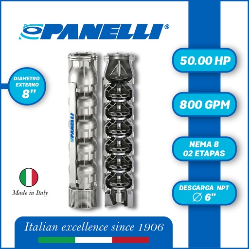 [5525PAN-180SX80002NX0-AS01] CUERPO SUMERGIBLE PANELLI  8" SERIE  SX MOD. 180SX80002 800GPM  50,00HP  02ET 6"NPT NEMA8 