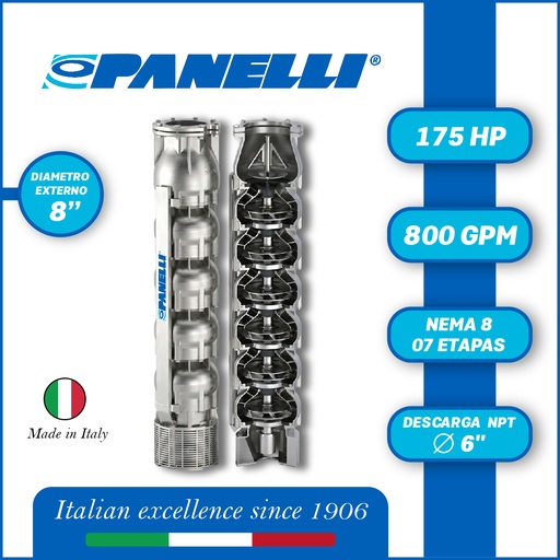 [5525PAN-180SX80007NX0-AS01] CUERPO SUMERGIBLE PANELLI  8" SERIE  SX MOD. 180SX80007 800GPM 175,00HP  07ET 6"NPT NEMA8 