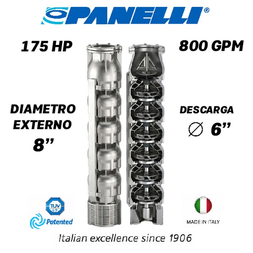 [5525PAN-180SX80008NX0-AS01] CUERPO SUMERGIBLE PANELLI  8" SERIE  SX MOD. 180SX80008 800GPM 175,00HP  08ET 6"NPT NEMA8 