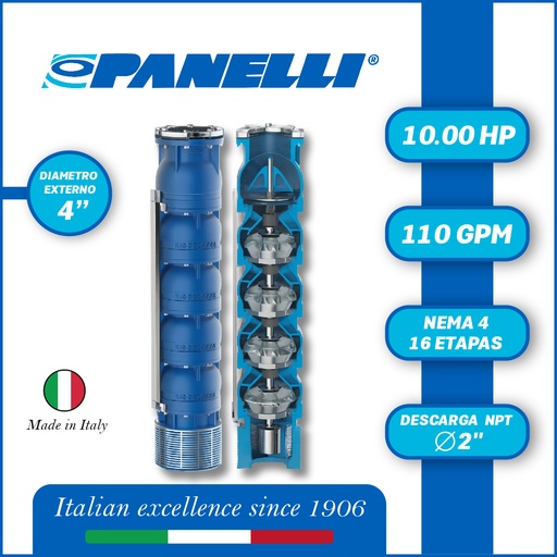 [5505PAN-095REC11016] CUERPO SUMERGIBLE PANELLI  4" SERIE REC MOD.  95REC11016 110GPM  10,00HP 16ET 2"NPT NEMA4