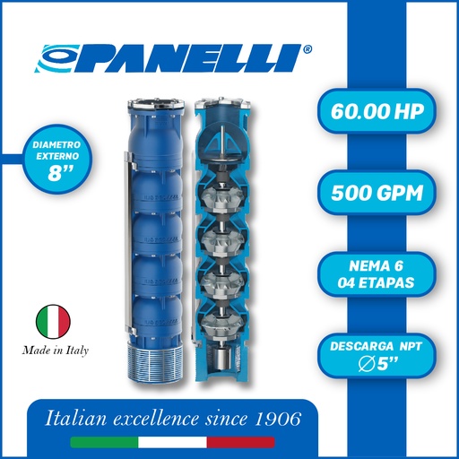 [5525PAN-180REC50004JX0-SF01] CUERPO SUMERGIBLE PANELLI  8" SERIE REC MOD. 180REC50004 500GPM  60,00HP  04ET 5"NPT NEMA6