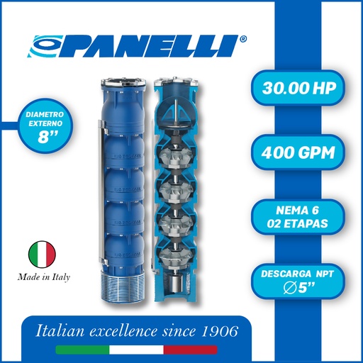 [5525PAN-180REC40002JX0-SF01] CUERPO SUMERGIBLE PANELLI  8" SERIE REC MOD. 180REC40002 400GPM  30,00HP  02ET 5"NPT NEMA6