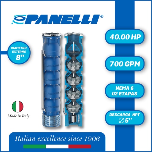 [5525PAN-180REC70002JX0-SF01] CUERPO SUMERGIBLE PANELLI  8" SERIE REC MOD. 180REC70002 700GPM  40,00HP  02ET 5"NPT NEMA6
