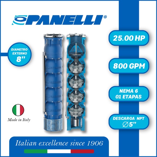 [5525PAN-180REC80001JX0-SF01] CUERPO SUMERGIBLE PANELLI  8" SERIE REC MOD. 180REC80001 800GPM  25,00HP  01ET 5"NPT NEMA6