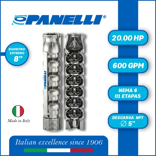 [5525PAN-180SX60001JX0-AS01] CUERPO SUMERGIBLE PANELLI  8" SERIE  SX MOD. 180SX60001 600GPM  20,00HP  01ET 5"NPT NEMA6