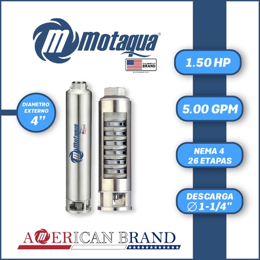[5505MTS-0054TS001526CX-PF01] CUERPO SUMERGIBLE MOTAQUA  4"       SERIE MTS MOD. 054TS1526   05GPM   1,50HP 26ET 1-1/4"NPT NEMA4