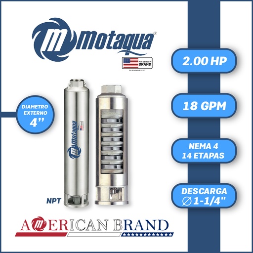[5505MTS-0184TS002014CX-PF01] CUERPO SUMERGIBLE MOTAQUA  4"    SERIE MTS MOD. 184TS2014   18GPM   2,00HP 14ET 1-1/4"NPT NEMA4