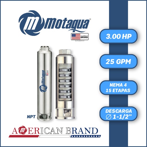 [5505MTS-0254TS003015CX-PF01] CUERPO SUMERGIBLE MOTAQUA  4"   SERIE MTS MOD.  254TS3015   25GPM   3,00HP 15ET 1-1/2"NPT NEMA4