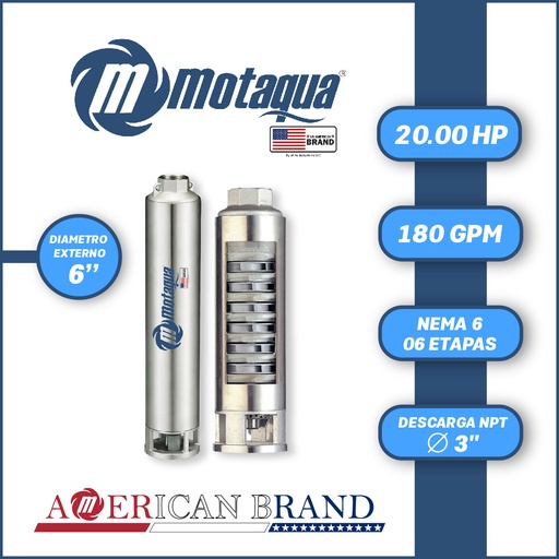 [5515MTS-1806TS020006KX-PF01] CUERPO SUMERGIBLE MOTAQUA  6" SERIE MTS MOD. 1806TS20006  180GPM  20,00HP 06ET 3"NPT NEMA6