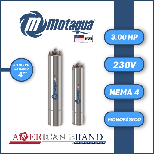 [7505MTS-2M0030F4ORSB3S-AS30] MOTOR SUMERGIBLE  MF MOTAQUA MTS DSM4 4" M4ORSF30F   3,00HP 1PH/230V/60HZ/2P 3600RPM 3W DOL NEMA4 OL-R
