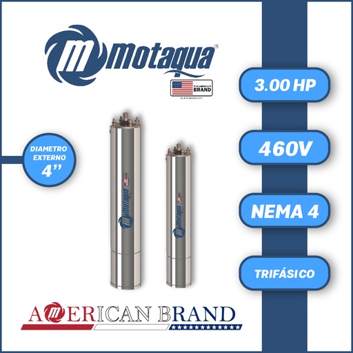 [7505MTS-2T0030L4ORSB3S-AS30] MOTOR SUMERGIBLE TF MOTAQUA MTS DSM4 4" T4ORSF30K   3,00HP 3PH/460V/60HZ/2P 3600RPM 3W DOL NEMA4 OF-R  650LBF
