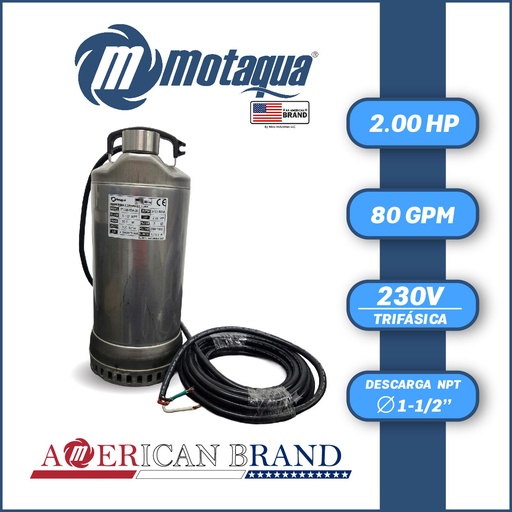 [5365MTS-2T080XDM020RFJ-AS01] BOMBA SUMERGIBLE  AGUAS DRENAJE TF MOTAQUA SERIE MTS MOD. 2T080XDA20  80GPM  2,00HP 230V 60HZ 3.450RPM 1-1/2"NPT