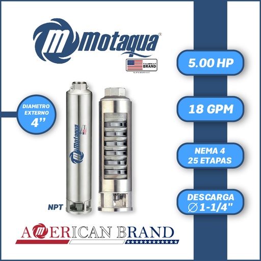 [5505MTS-0184TS005025CX-PF01] CUERPO SUMERGIBLE MOTAQUA  4"    SERIE MTS MOD. 184TS5025   18GPM   5,00HP 25ET 1-1/4"NPT NEMA4