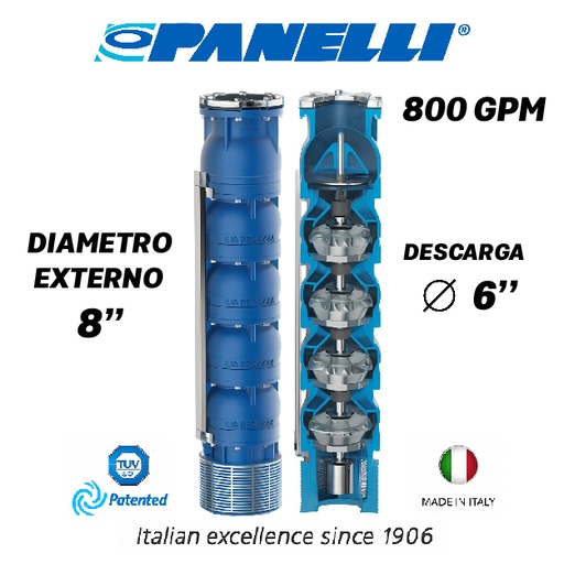 [5525PAN-180REC80003-B] CUERPO SUMERGIBLE PANELLI  8" SERIE REC MOD. 180REC80003 800GPM  75,00HP  03ET 6"NPT NEMA8