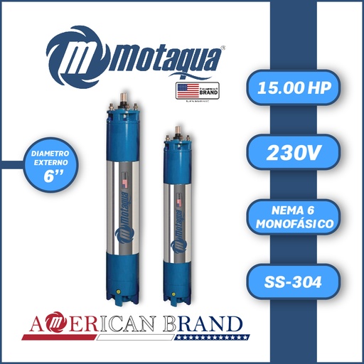[7515MKD-17] MOTOR SUMERGIBLE MF MOTAQUA MKD DSM6 6" M6WRF0150F  15,00HP 1PH/230V/60HZ/2P 3600RPM 3W DOL NEMA6  WF-R SS-304