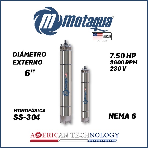 [7515MKD-5] MOTOR SUMERGIBLE MF MOTAQUA  6" SERIE MKD MOD. M6WRF0075F   7,50HP 1PH/230V/60HZ/2P 3600RPM 3W DOL NEMA6  WF-R SS-304