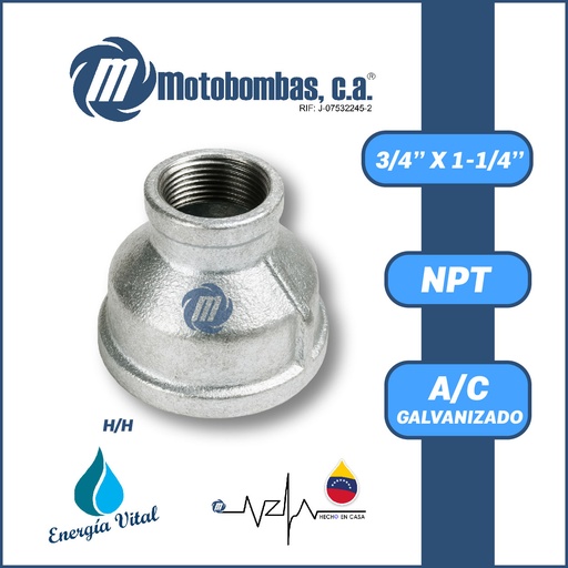 [3825VAR-COPA0R075H125H-GALVANIZADA] REDUCCION A/C GALVANIZADA ROSCADA NPT SERIE VAR MOD. H/H      3/4"X1-1/4"