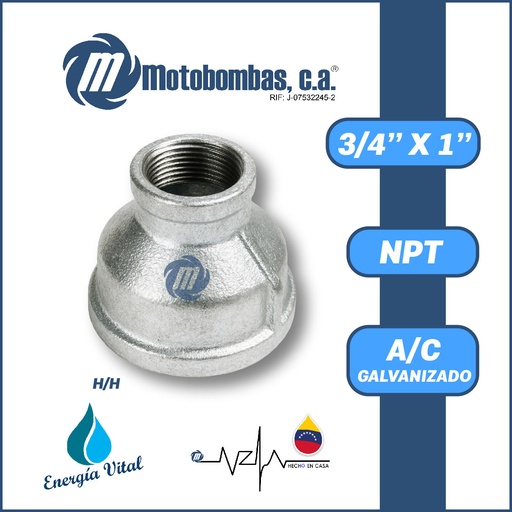 [3825VAR-COPA0R075H100H-GALVANIZADA] REDUCCION A/C GALVANIZADA ROSCADA NPT SERIE VAR MOD. H/H        3/4"X1"