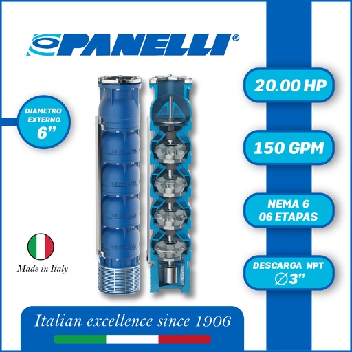 [5515PAN-] CUERPO SUMERGIBLE PANELLI  6" SERIE REC MOD 140REC21500 150GPM  20,00HP 06ET 3"NPT NEMA6 -v revisar