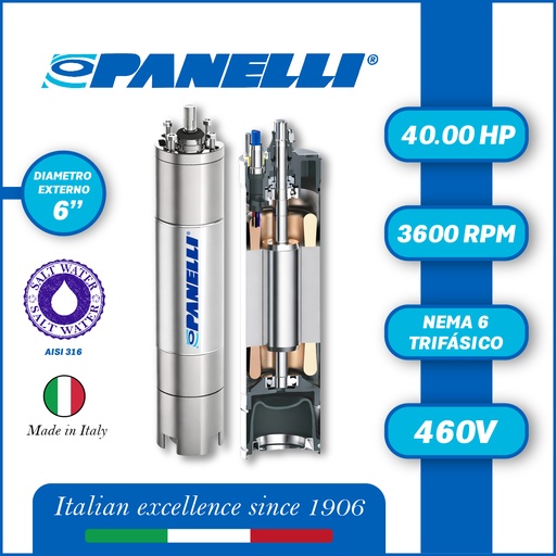 [7515PAN-PAR060400460E0-AS01] MOTOR SUMERGIBLE TF PANELLI  6" SERIE P0600 MOD.  40,00HP 3PH/460V/60HZ/2P 3600RPM 6W Y-D NEMA6 WF-R AISI 316