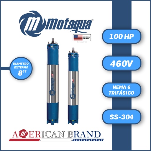 [7525MKD- 460010008] MOTOR SUMERGIBLE TF MOTAQUA  8" SERIE MKD MOD. T8WRF1000P 100,00HP 3PH/460V/60HZ/2P 3600RPM 6W Y-D NEMA8 WF-R SS-304