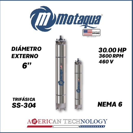 [7515MKD-] MOTOR SUMERGIBLE TF MOTAQUA  6" SERIE MKD MOD. T6WRF0300K  30,00HP 3PH/460V/60HZ/2P 3600RPM 3W DOL NEMA6 WF-R SS-304