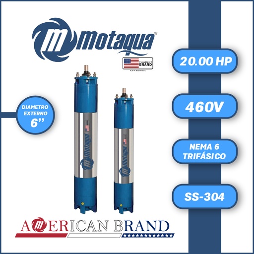[7515MKD-23002006] MOTOR SUMERGIBLE TF MOTAQUA MKD DSM6 6" T6WRF0200K  20,00HP 3PH/460V/60HZ/2P 3600RPM 3W DOL NEMA6 WF-R SS-304