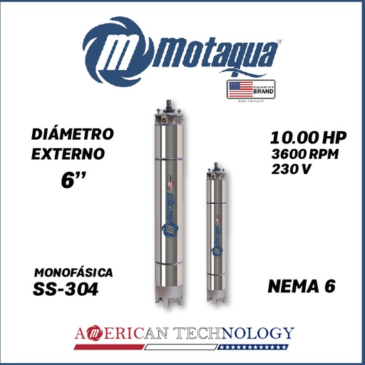 [7515MKD-18] MOTOR SUMERGIBLE MF MOTAQUA  6" SERIE MKD MOD. M6WRF0100F  10,00HP 1PH/230V/60HZ/2P 3600RPM 3W DOL NEMA6  WF-R SS-304