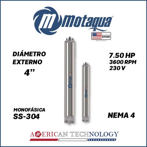 [7505MKD-16] MOTOR SUMERGIBLE MF MOTAQUA  4" SERIE MKD MOD. M4WRF0075F   7,50HP 1PH/230V/60HZ/2P 3600RPM 3W DOL NEMA4 WF-R SS-304