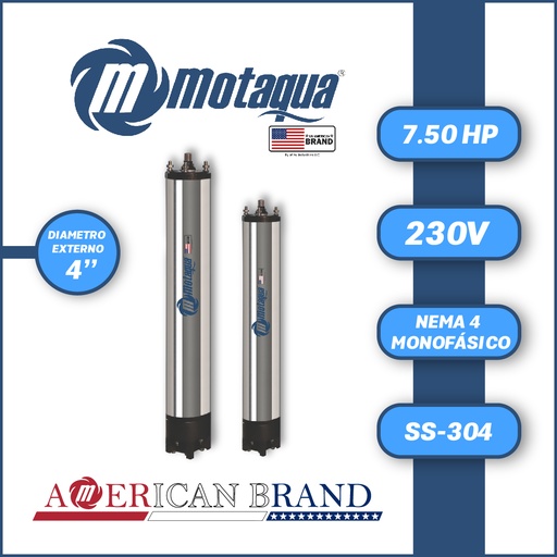 [7505MKD-16] MOTOR SUMERGIBLE MF MOTAQUA MKD DSM4 4" M4WRF0075F   7,50HP 1PH/230V/60HZ/2P 3600RPM 3W DOL NEMA4 WF-R SS-304